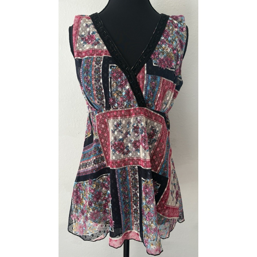 Y2K 90s Women's Floral Mesh Babydoll Top L Bohemian Grunge Patchwork Whimsigoth